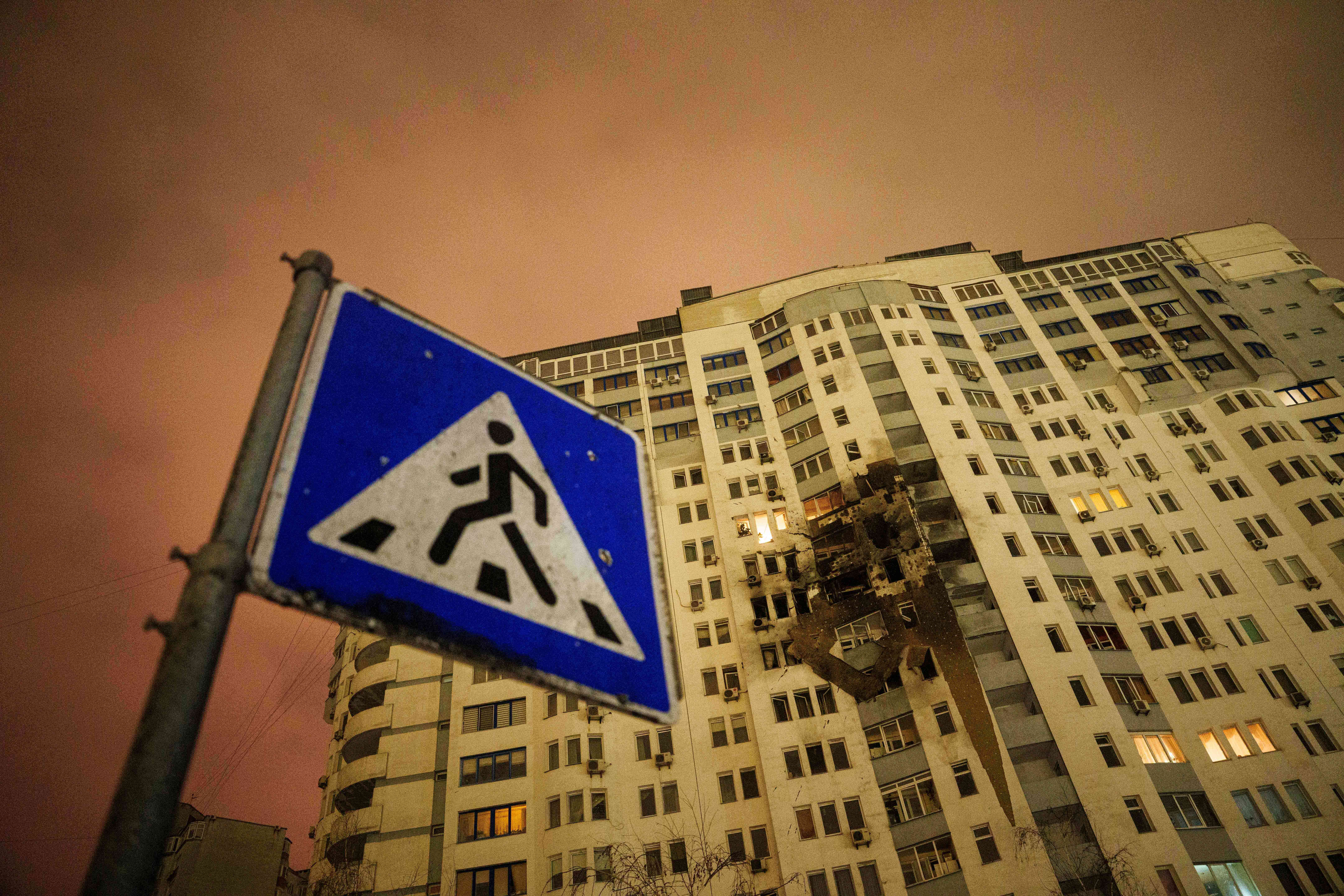 A residential building is seen damaged by a Russian strike on Kyiv