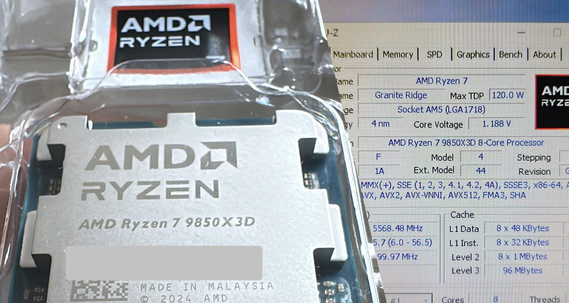 The image shows the AMD Ryzen 7 9850X3D processor in packaging alongside a CPU-Z screen displaying its specifications,