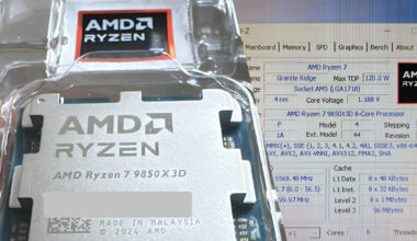 The image shows the AMD Ryzen 7 9850X3D processor in packaging alongside a CPU-Z screen displaying its specifications,