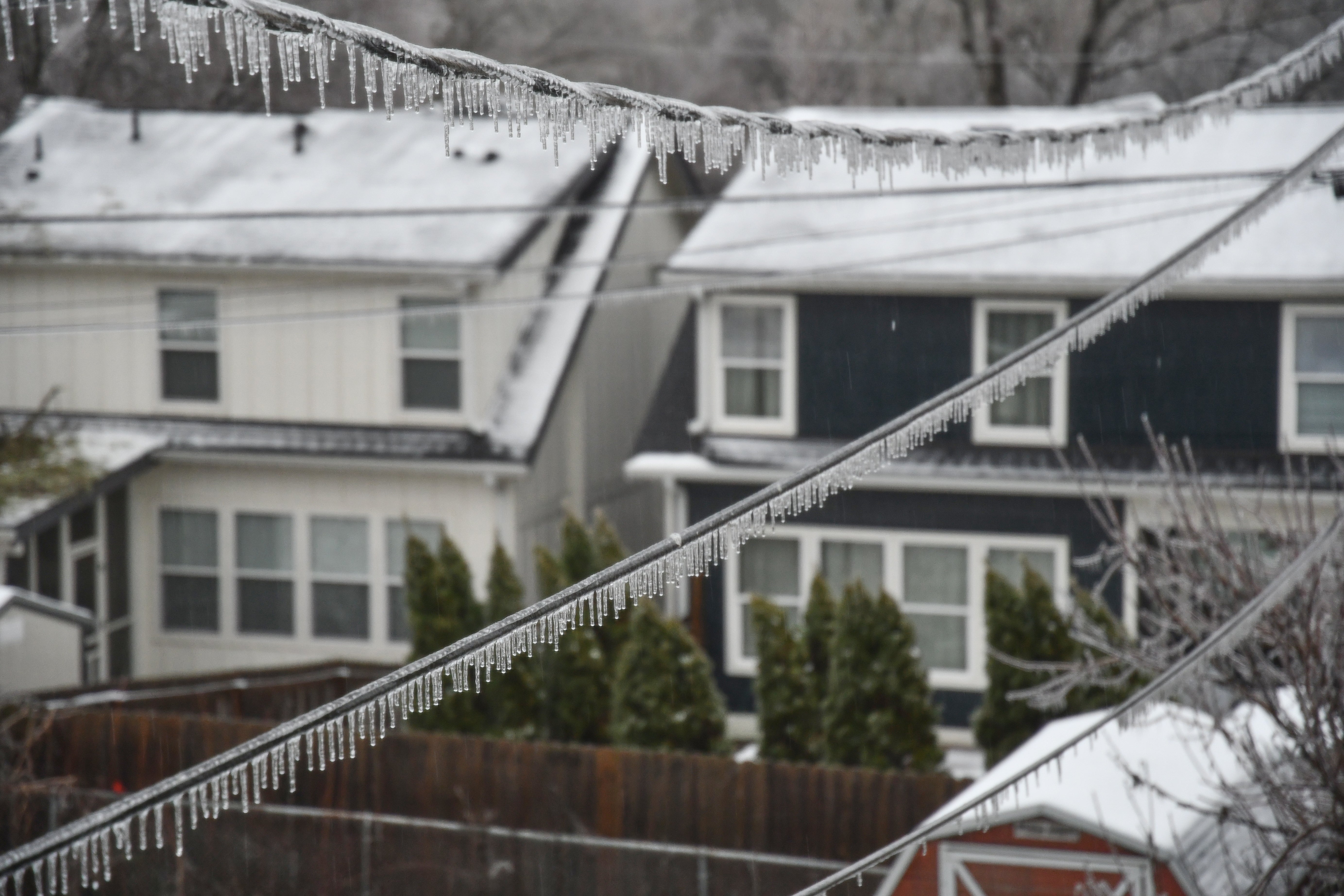 Icicles form on power lines during a winter storm in Nashville, Tennessee.