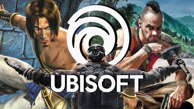 Ubisoft logo surrounded by characters from Prince of Persia Far Cry and Rainbow Six