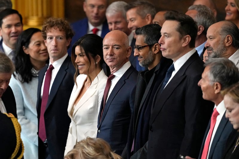 CEO of Meta Mark Zuckerberg, Lauren Sanchez, US businessman Jeff Bezos, CEO of Alphabet Inc and Google Sundar Pichai and Teska and SpaceX CEO Elon Musk attend the inauguration
