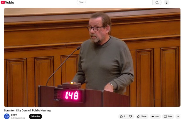 Scranton resident Tom Hoppel speaking during a Dec. 9, 2025 public hearing by Scranton City Council on a rezoning of properties flanking Geisinger Community Medical Center that would accommodate hospital expansion. A neighbor of the hospital, Hoppel raised various concerns. (IMAGE COPIED FROM ELECTRIC CITY TELEVISION VIDEO ON YOUTUBE)