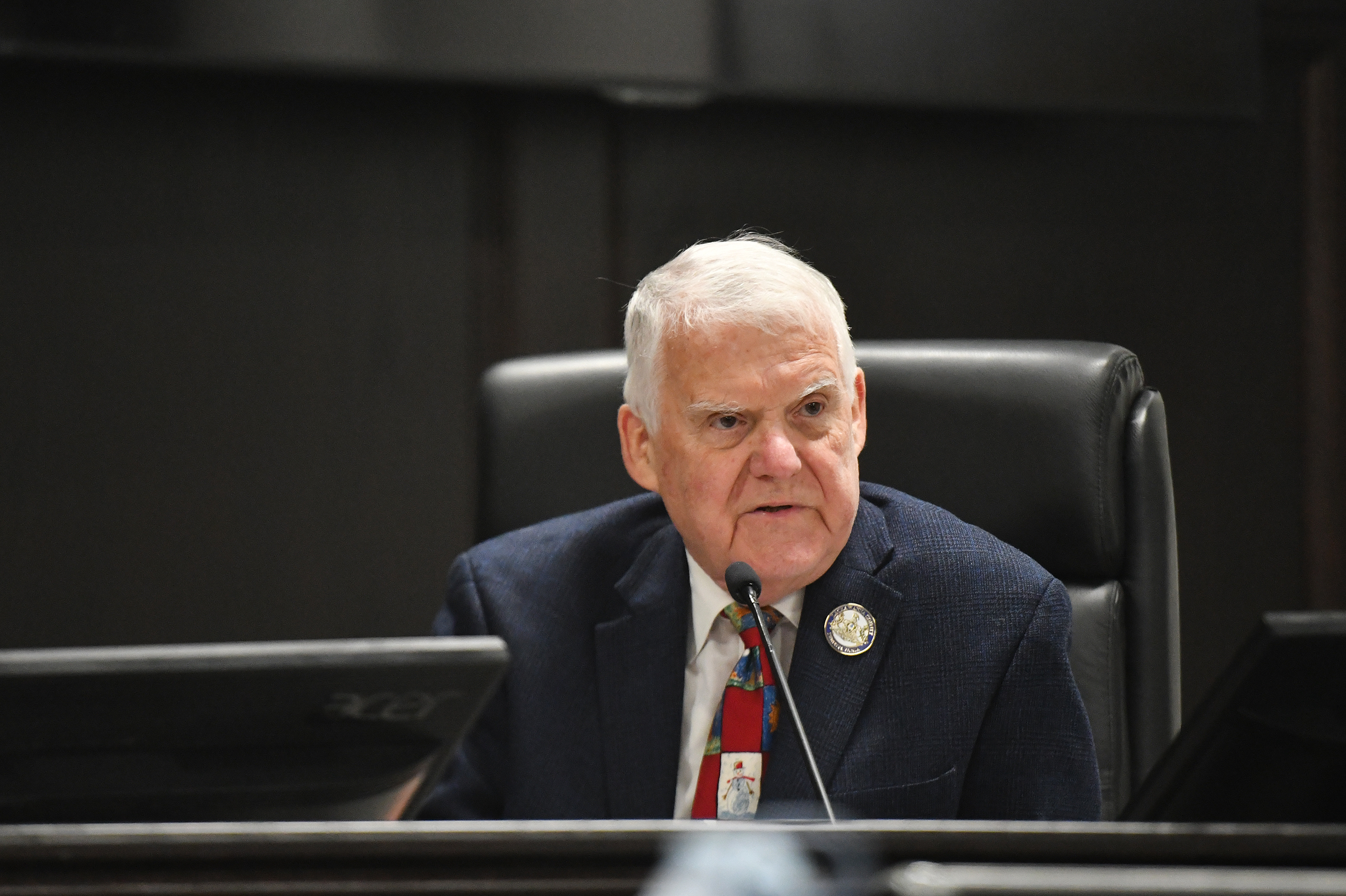 Lackawanna County Commissioner Thom Welby speaks during the commissioners’ meeting...