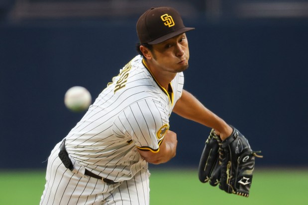 Yu Darvish #11 of the San Diego Padres pitches against the Baltimore Orioles during the first inning at Petco Park on Tuesday, Sept. 2, 2025 in San Diego, CA. (Meg McLaughlin / The San Diego Union-Tribune)