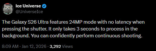 Samsung Galaxy S26 24MP mode Ice Universe 1
