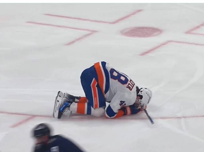 Matthew Schaefer was knocked down during the first period on Tuesday night.