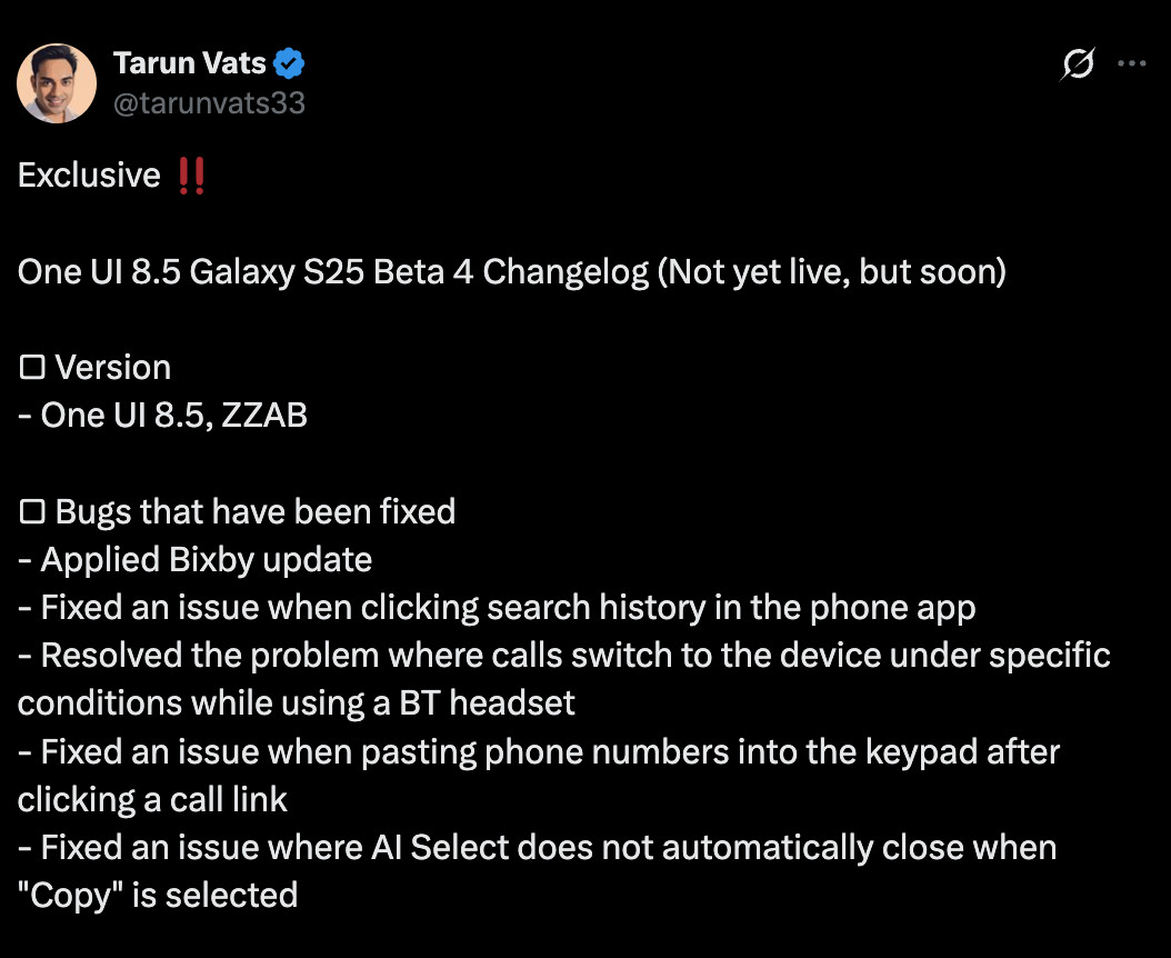 One UI 8.5 beta 4 changelog