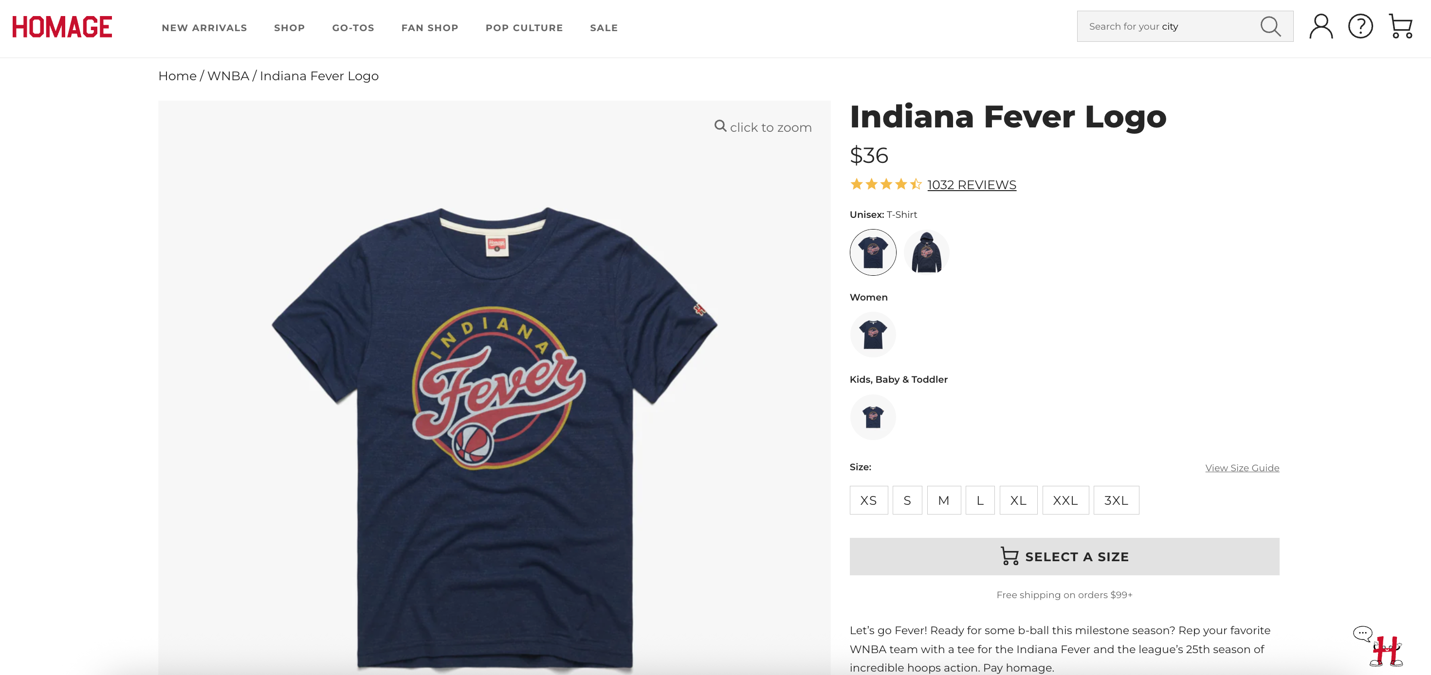 product page of navy blue t-shirt with indiana fever logo