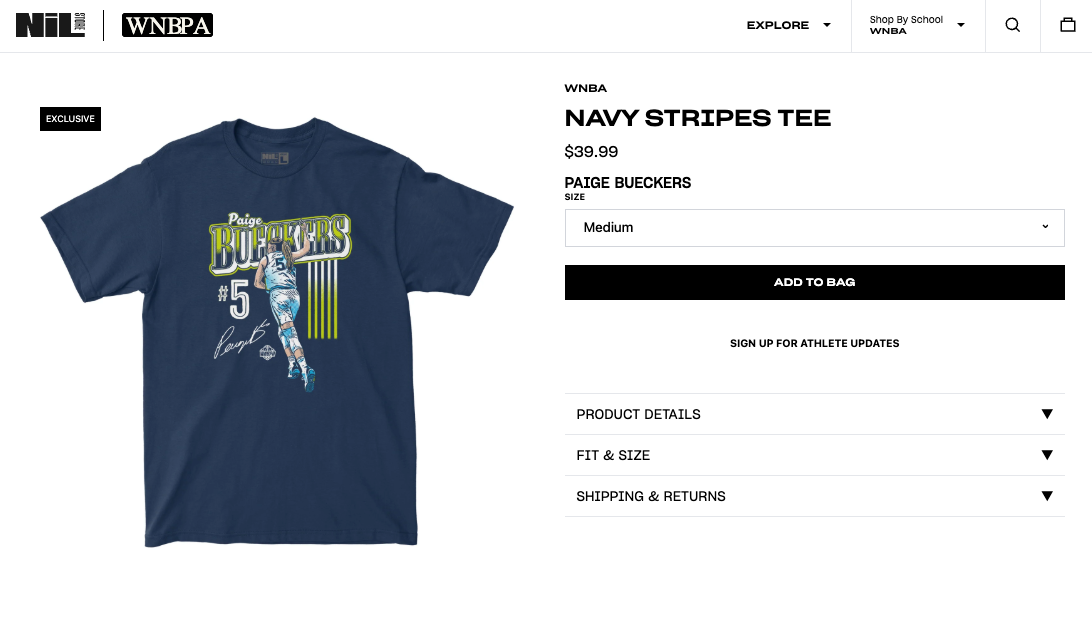 product page of navy blue t-shirt with wnba player Paige Bueckers