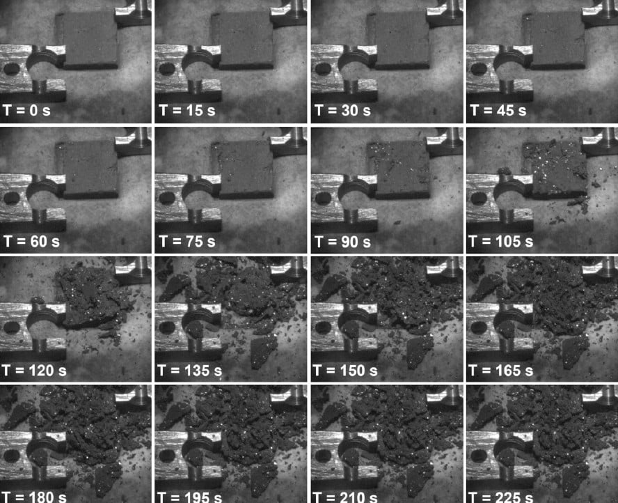 Time lapse images of the destruction of a sample of asteroid simulant under the intense glare of the Sun. Credit - G. Tsirvouils et al.
