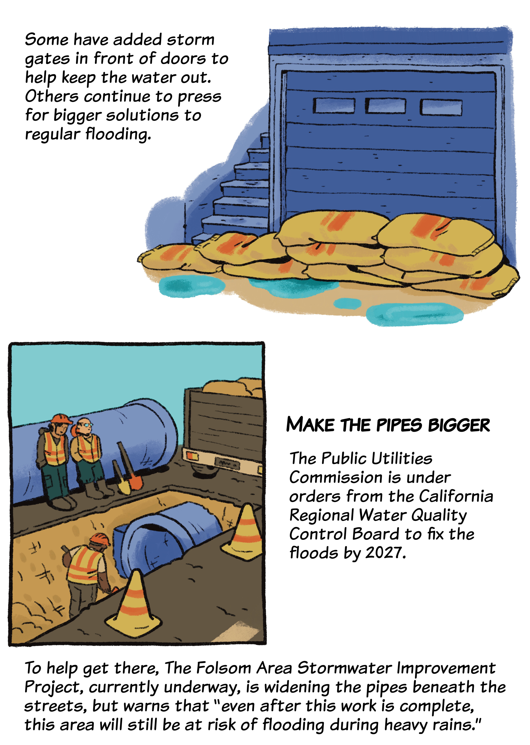 Storm gates with sandbags block a garage door; workers in hard hats work in a street with pipes; captions discuss flood prevention and infrastructure upgrades.