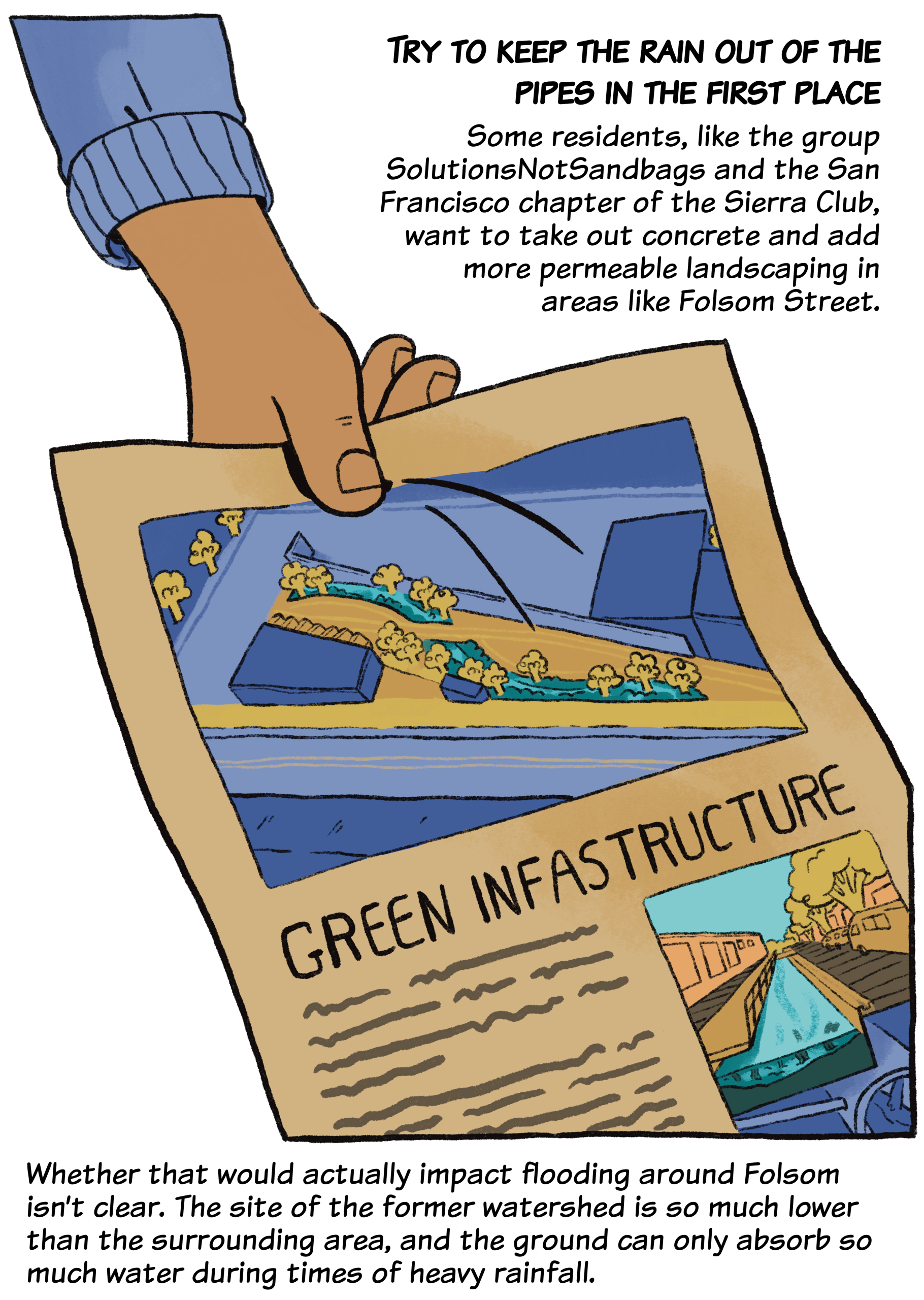A hand holds a newspaper with the headline "Green Infrastructure" and an illustration of a street with rainwater. Text discusses solutions to urban flooding in San Francisco.