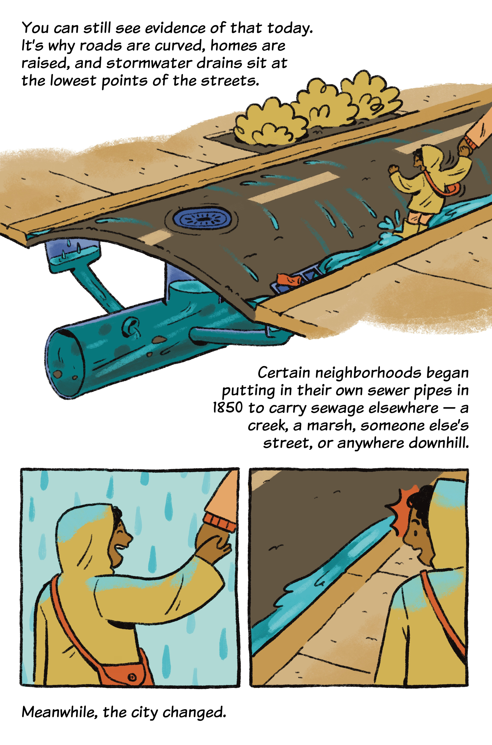 A worker in a raincoat opens a street drain as water flows in; nearby, another worker connects a pipe as water sprays out. Text explains how sewage systems changed cities.