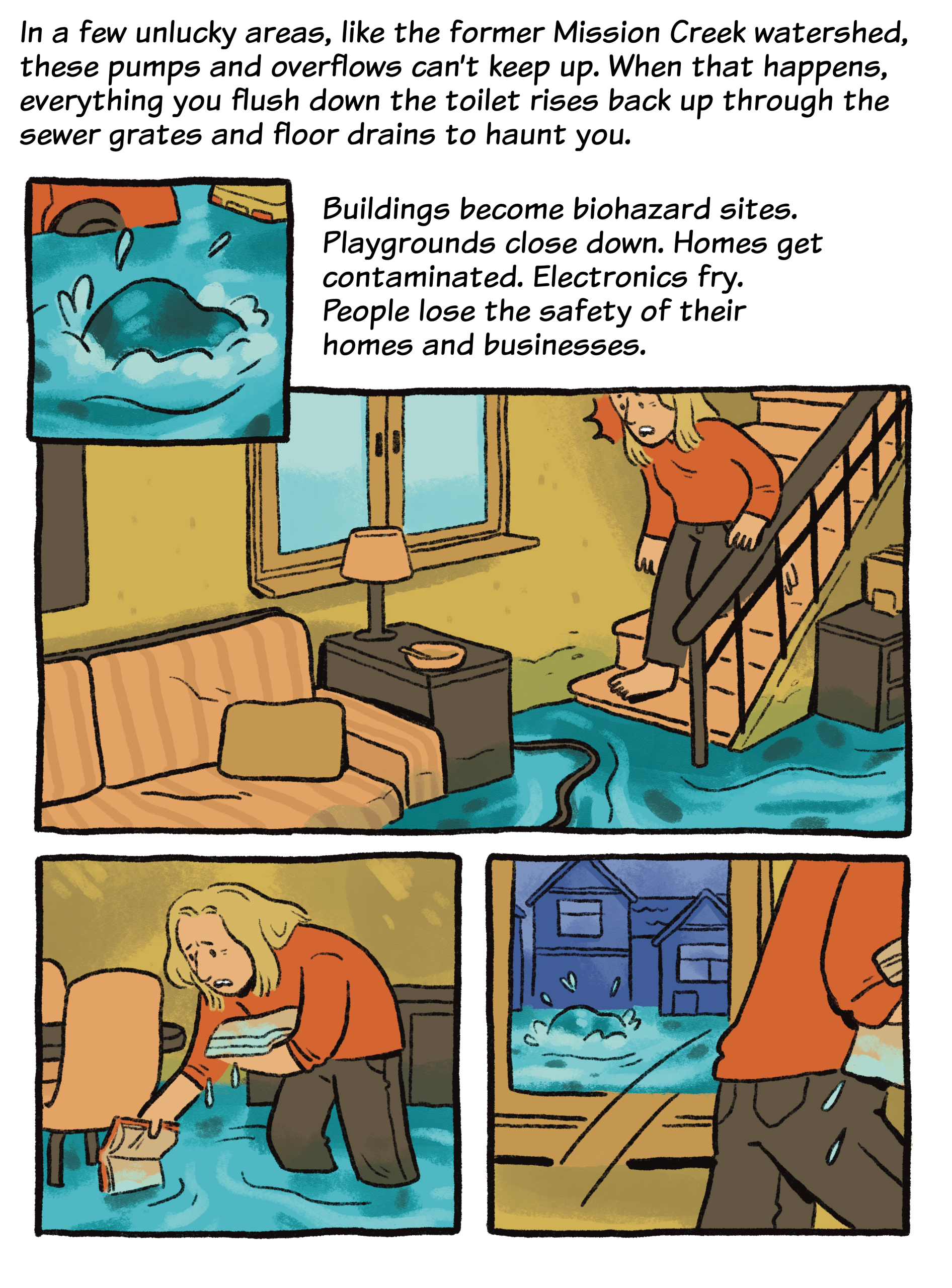 A woman reacts with concern as floodwater enters her home, covering floors and rising up the stairs. Text explains the dangers and consequences of sewage flooding homes.