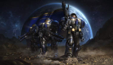 Three armored soldiers with rifles are walking on a barren landscape in front of a planet with a blue and gold stripe.