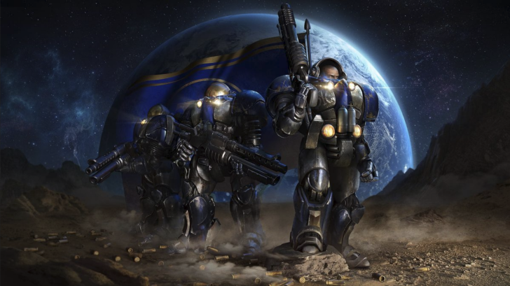 Three armored soldiers with rifles are walking on a barren landscape in front of a planet with a blue and gold stripe.