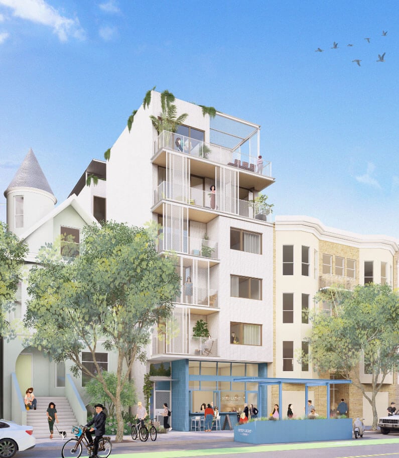 The proposal by David Baker Architects is defined by its cascading terraces and balconies.