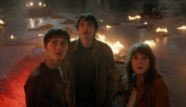 (L to R) Noah Schnapp as Will Byers, Finn Wolfhard as Mike Wheeler, and Winona Ryder as Joyce Byers in Stranger Things: Season 5.