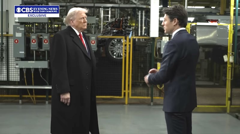 CBS Evening News, Tony Dokoupil interviewing Trump at Detroit factory.