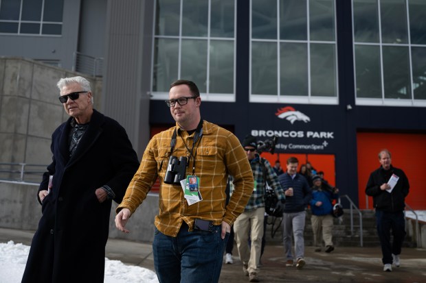 Mile High Sports reporter Cody Roark talks with 9News sports reporter Mike Klis after watching a portion of a Broncos team practice on Friday, Jan. 9, 2026, at Broncos Park Powered by CommonSpirit in Centennial, Colo. (Photo by Timothy Hurst/The Denver Post)
