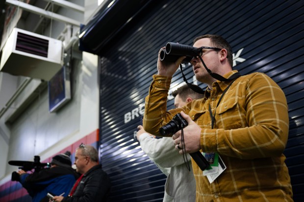 Mile High Sports reporter Cody Roark, right, watches a Broncos team practice on Friday, Jan. 9, 2026, at Broncos Park Powered by CommonSpirit in Centennial, Colo. (Photo by Timothy Hurst/The Denver Post)