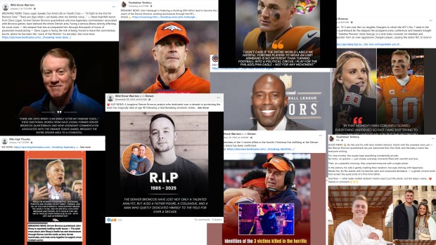 Examples of AI slop stories that have appeared recently on Facebook. (Screenshots via Facebook)