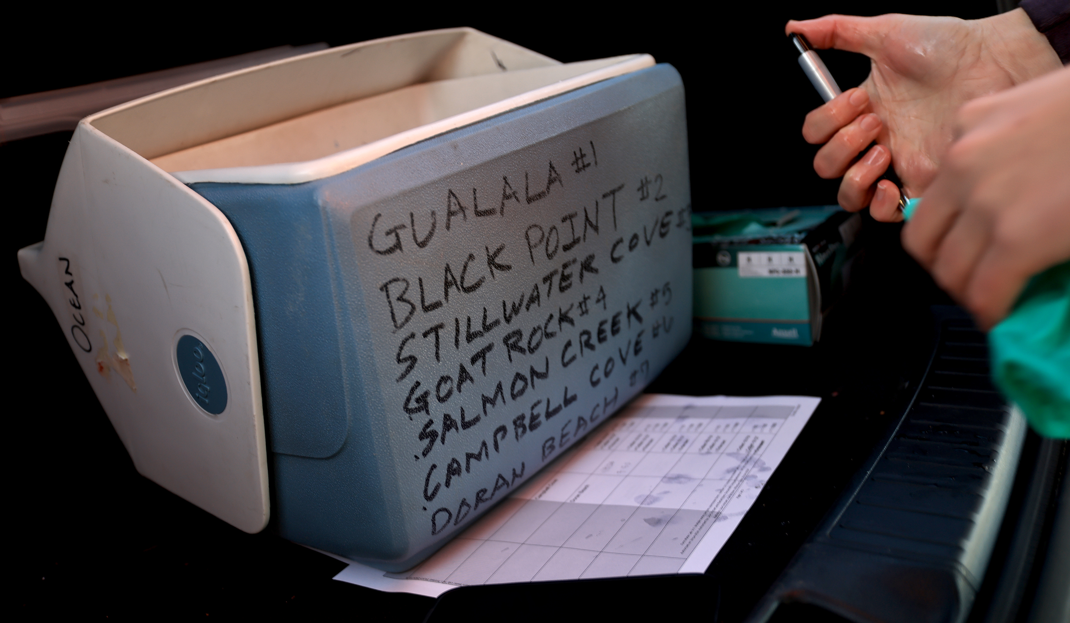 Ellyse Cappellano, county environment health specialist, records her latest water...