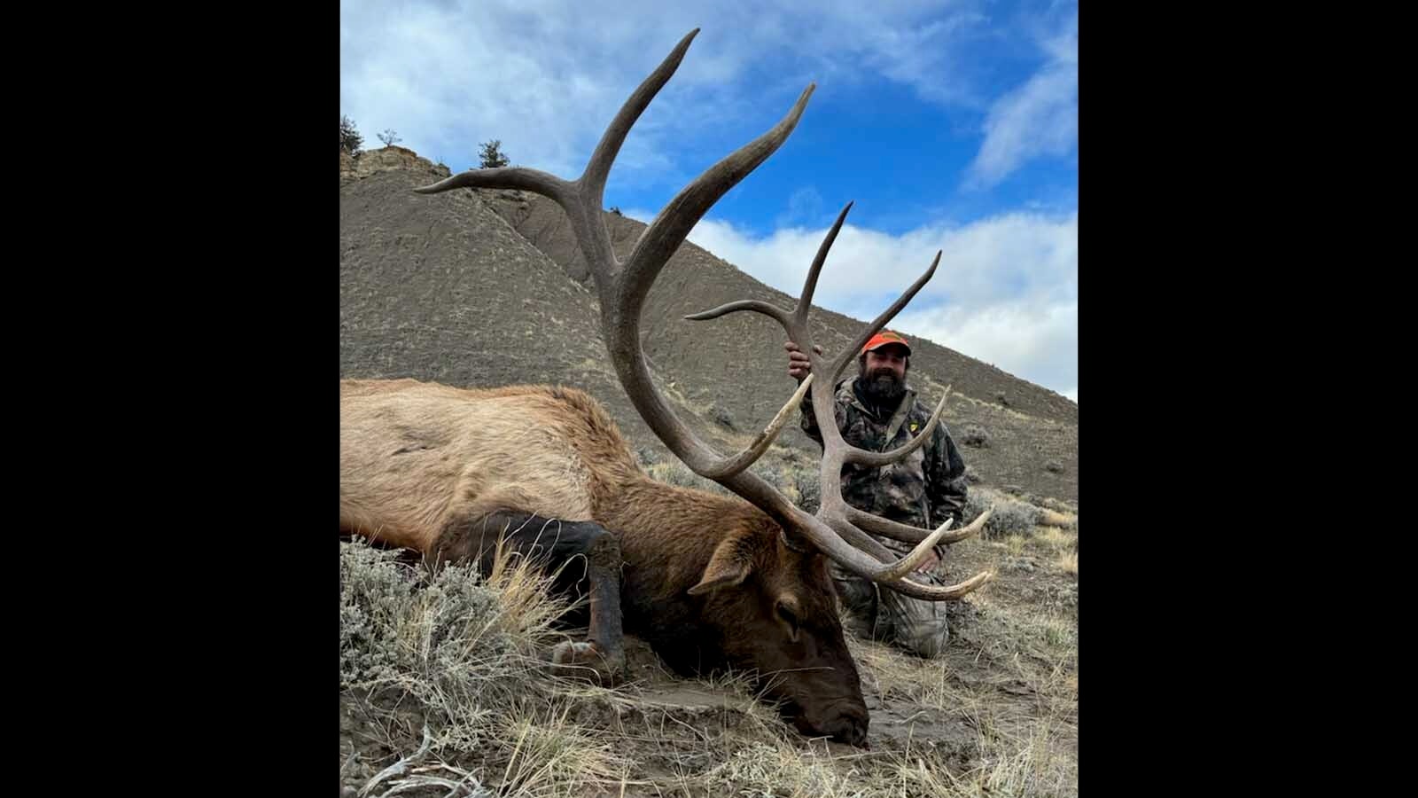 In addition to his trifecta of bighorn sheep, mountain goat and moose, Nate Miller of Thermopolis got this bull elk in north-central Wyoming. The bull could score in the 370-inch range, truly remarkable for Wyoming.