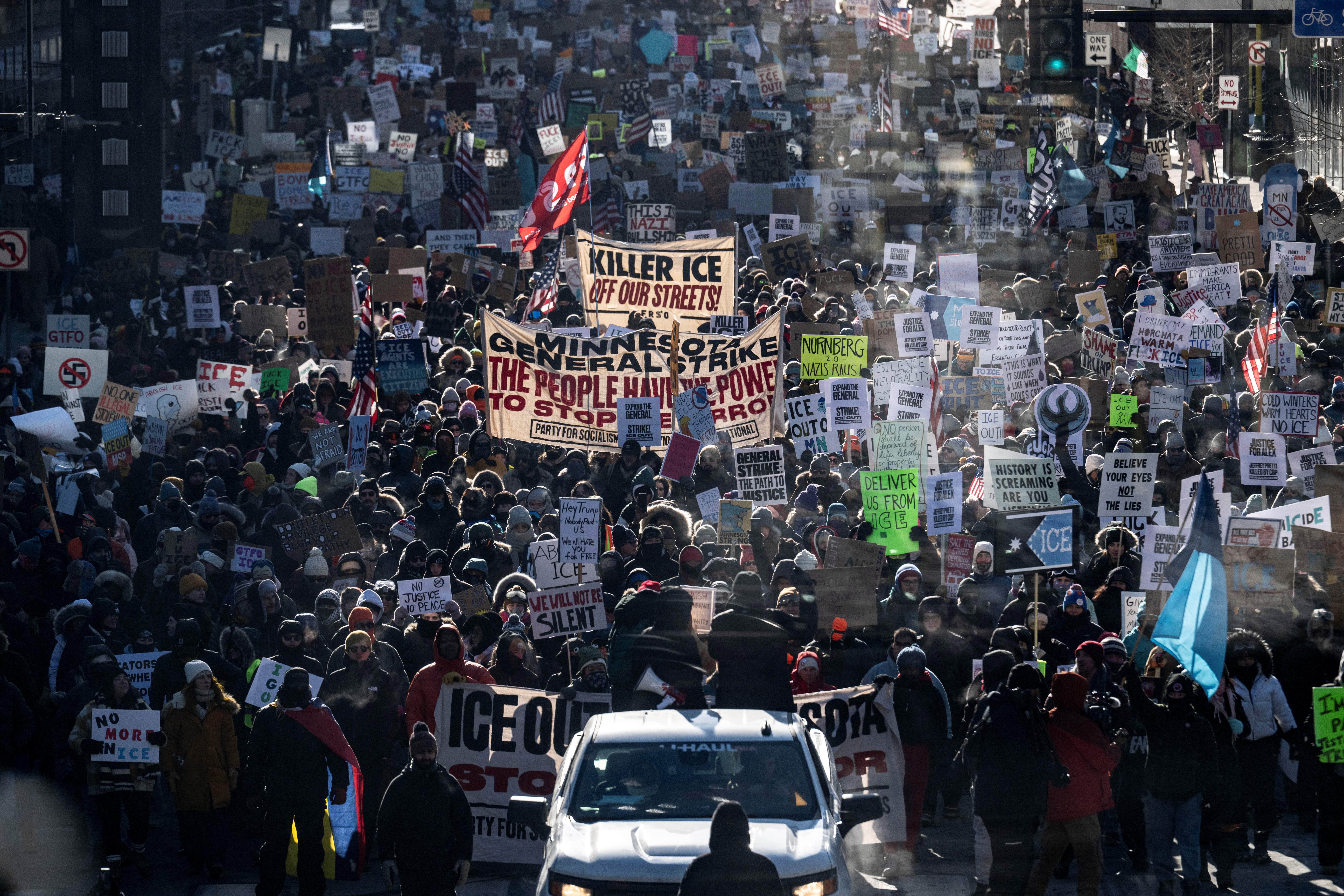 Protesters against Immigration and Customs Enforcement (ICE) march through the streets of downtown Minneapolis, Minnesota, on 25 January 2026