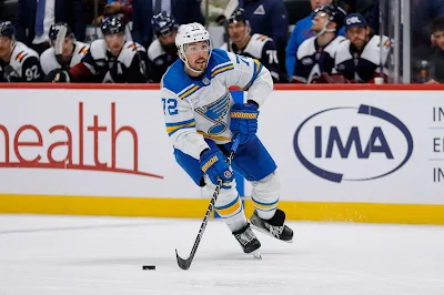 Justin Faulk, St. Louis Blues defenseman, carries the puck
