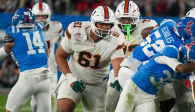 University of Miami tackle Francis Mauigoa pushing pile, Jan. 8, 2026 Fiesta Bowl (Jeremy Schnell/A...