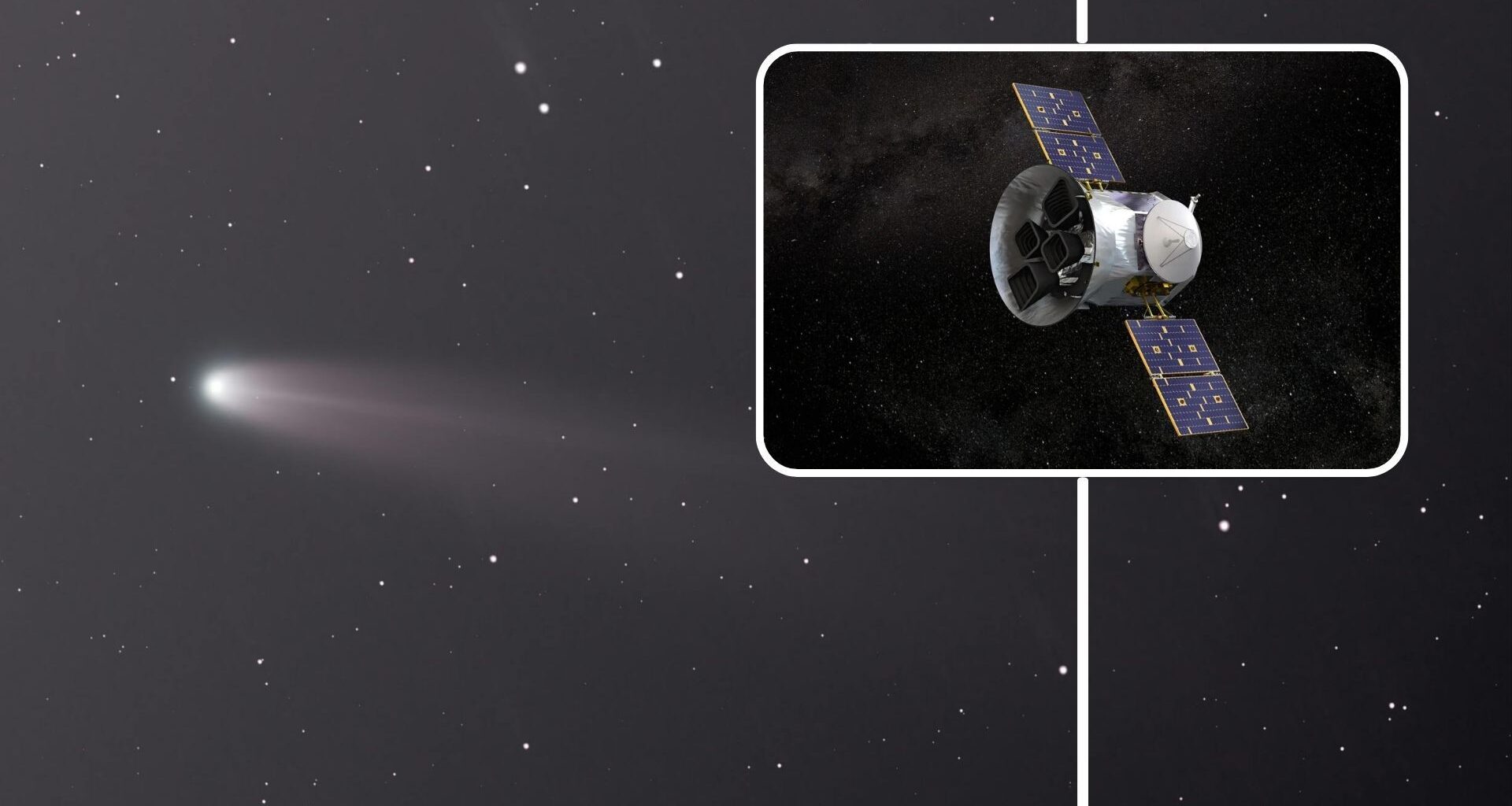 A streaking white comet moves to the left of the image with a boxout showing a floating metal spacecraft with two opposing solar panels in space