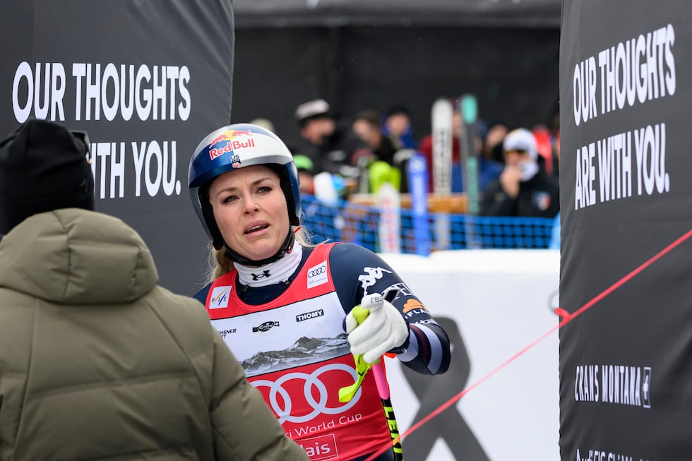 United States' Lindsey Vonn at the finish area after crashing, during an alpine ski, women’s...