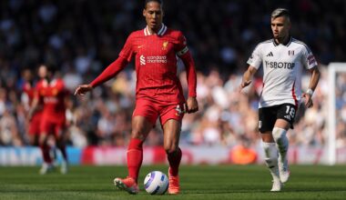 Virgil van Dijk plays a pass against Fulham.