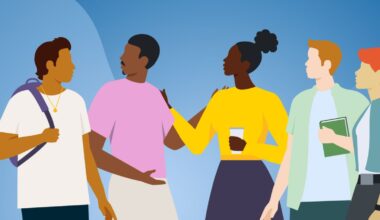 Illustration depicting male student holding strap of a blue backpack speaking with four additional students