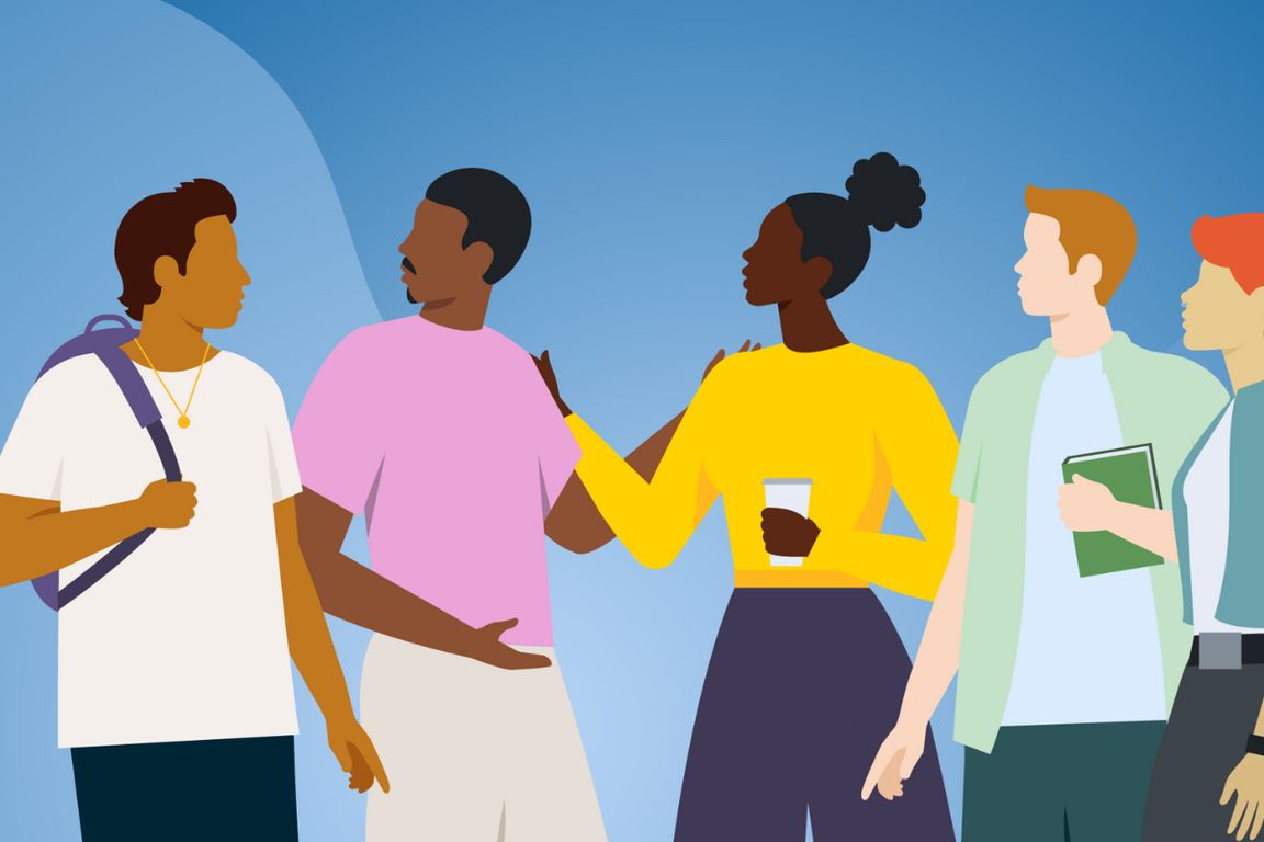 Illustration depicting male student holding strap of a blue backpack speaking with four additional students