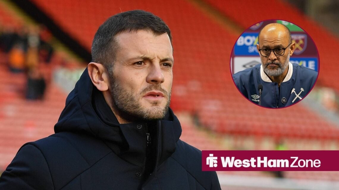 Jack Wilshere wearing a coat and Nuno Espirito Santo at a West Ham press conference in a round overlay