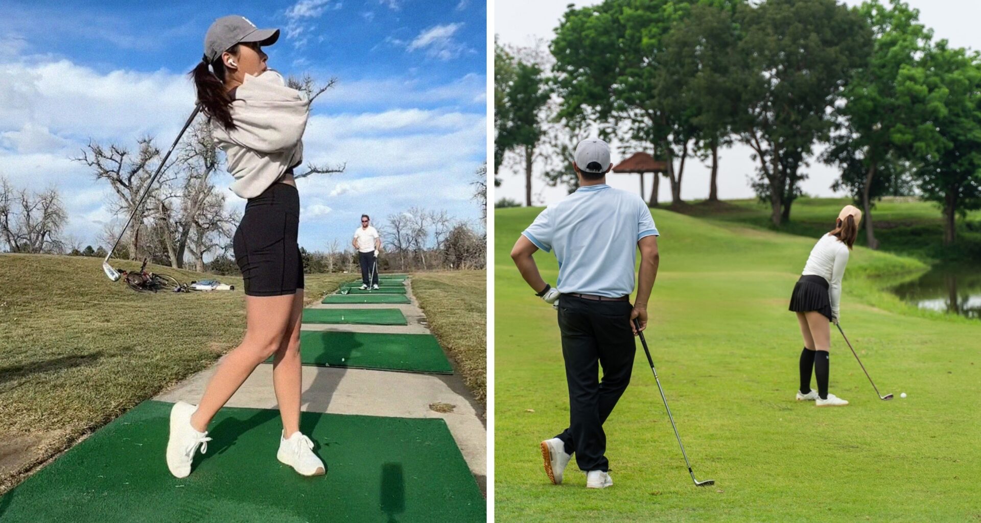 woman shares golfing experience (l) man staring at woman while she golfs (r)