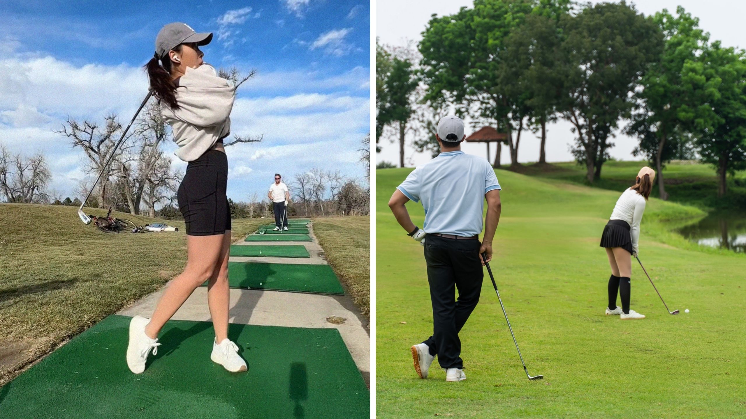 woman shares golfing experience (l) man staring at woman while she golfs (r)