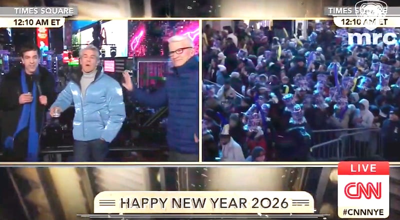 Anderson Cooper (left of shot) waves away Andy Cohen's (C) slurring rant about Eric Adams' tenure as NYC mayor.