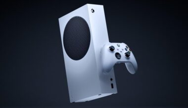 An Xbox Series S hangs in mid-air.