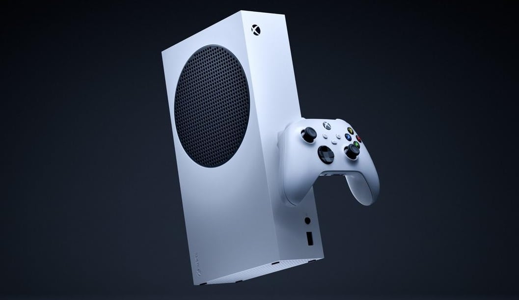 An Xbox Series S hangs in mid-air.
