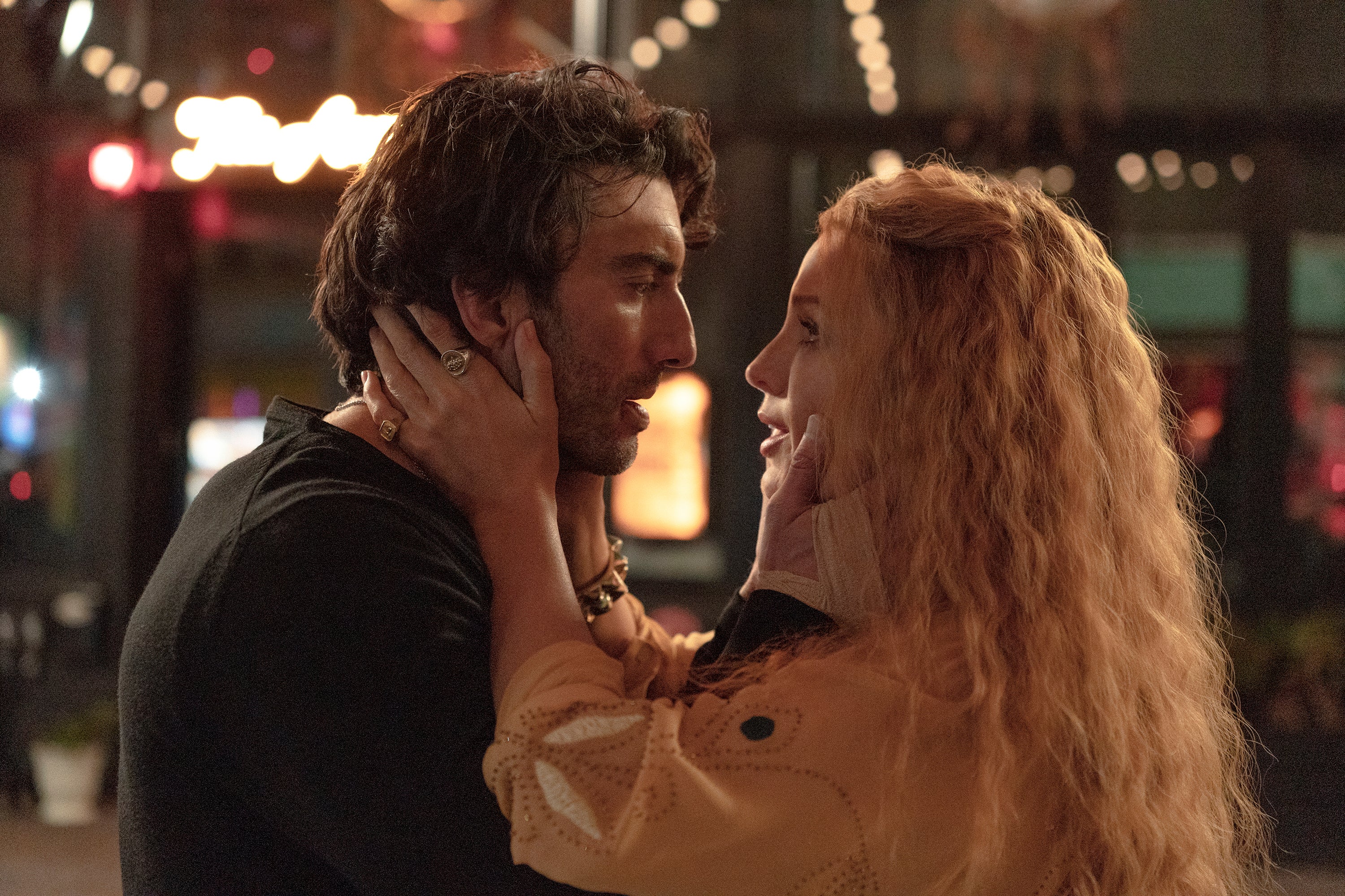 This image released by Sony Pictures shows Justin Baldoni, left, and Blake Lively in a scene from ‘It Ends With Us’