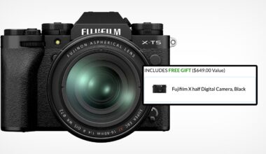 A Fujifilm X-T5 black digital camera with a Fujinon lens is shown. An inset box advertises a free gift: a Fujifilm X half digital camera, black, valued at $649.