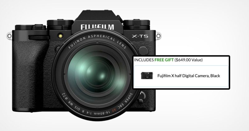 A Fujifilm X-T5 black digital camera with a Fujinon lens is shown. An inset box advertises a free gift: a Fujifilm X half digital camera, black, valued at $649.