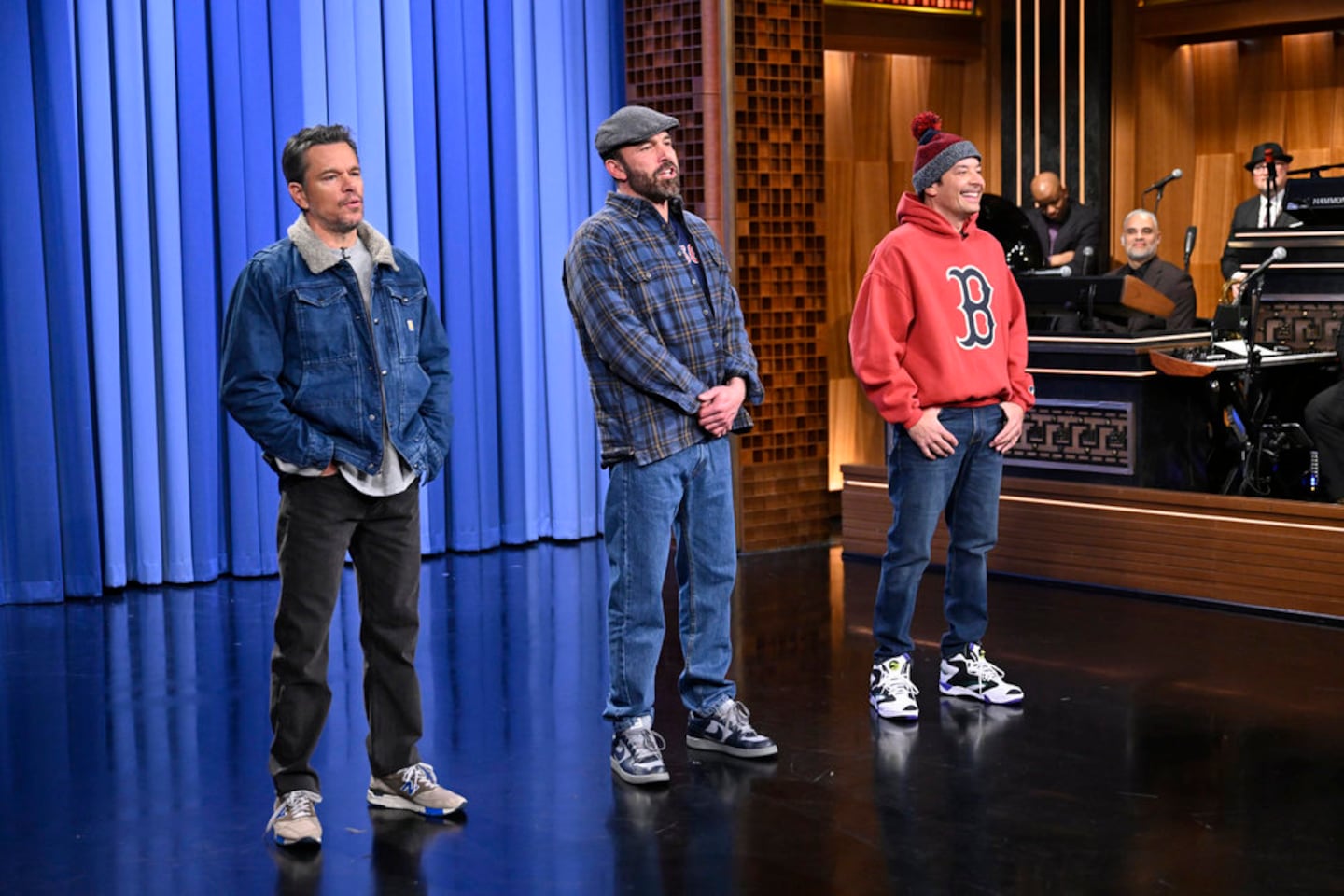 From left: Matt Damon, Ben Affleck, and Jimmy Fallon on Tuesday's episode of "The Tonight Show."