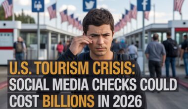 A dynamic and impactful thumbnail image showing a confused traveler at a u. S. Border checkpoint, with social media icons and u. S. Flags in the background. Bold overlay text reads: “u. S. Tourism crisis: social media checks could cost billions in 2026”