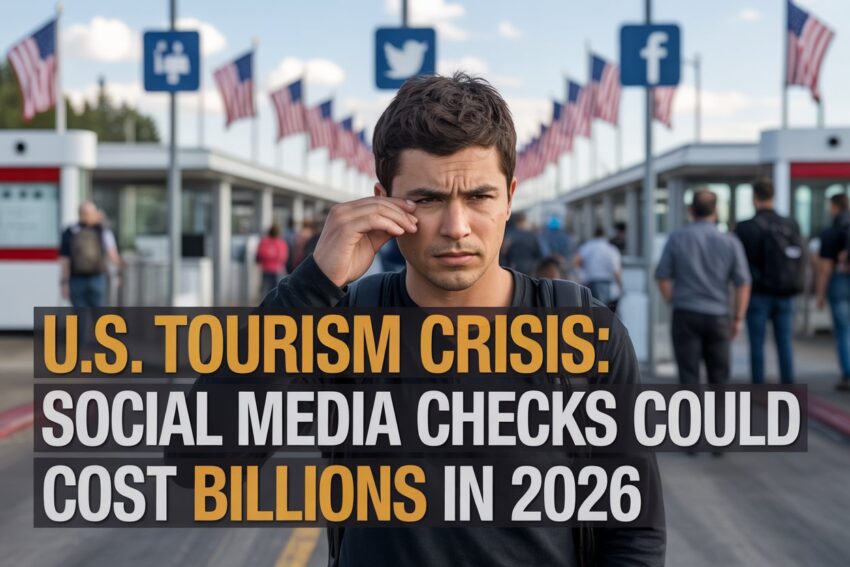 A dynamic and impactful thumbnail image showing a confused traveler at a u. S. Border checkpoint, with social media icons and u. S. Flags in the background. Bold overlay text reads: “u. S. Tourism crisis: social media checks could cost billions in 2026”