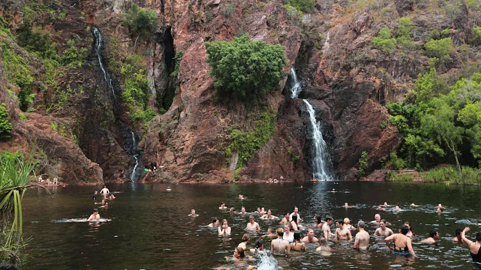 Wangi Falls is a popular swimming and camping spot located in the Litchfield National Park about 130km south of Darwin. Picture: Tourism Australia/Jack Smith